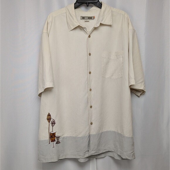 Quiksilver Edition Shirt Mens 2XL Beige Silk Cotton Comfort Fit Tiki Hawaiian - Picture 1 of 7